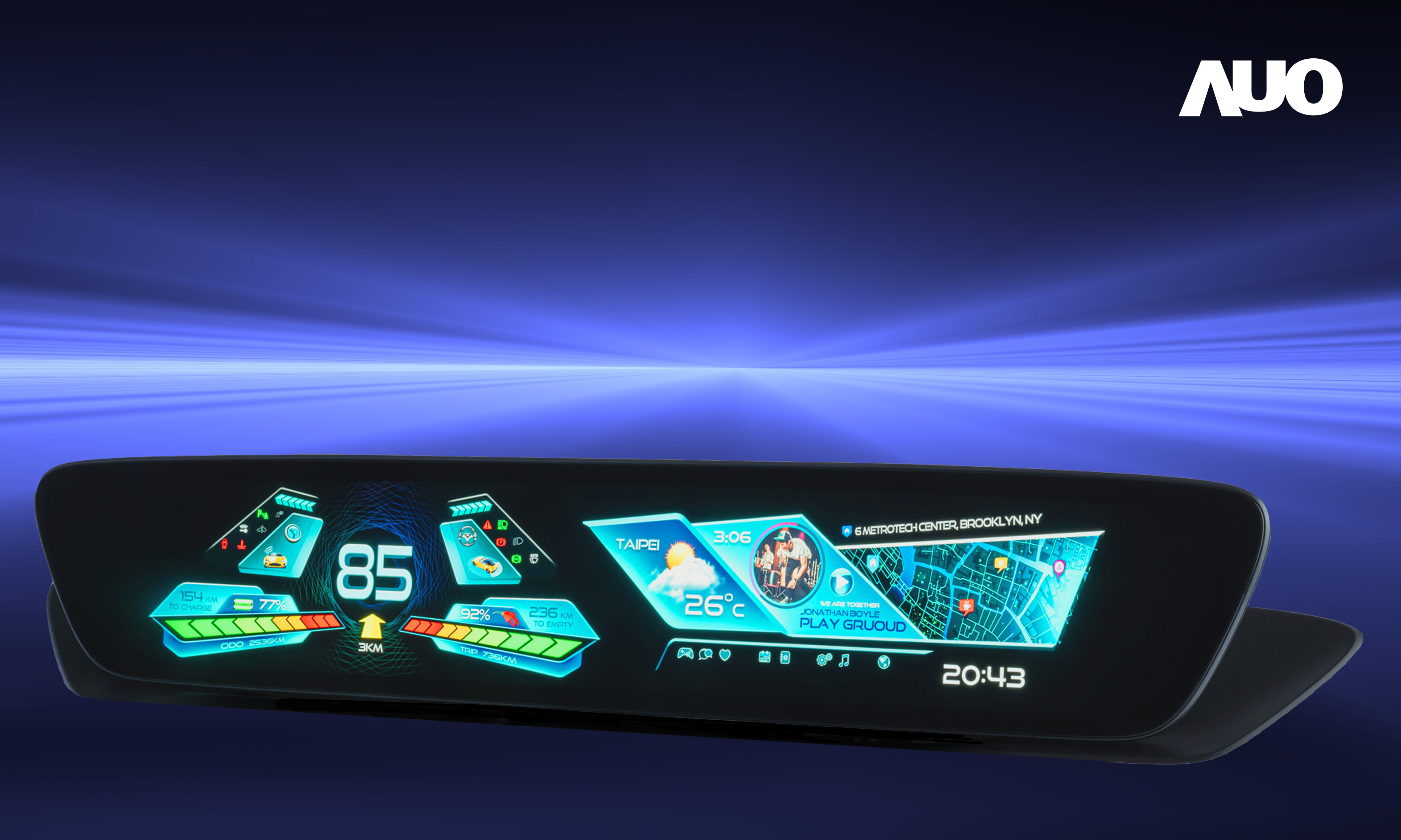 友達30.4吋異形曲面AmLED車載顯示系統，為一兼具儀表板及中控台人機介面的創新車載顯示系統，結合美學設計，提升車內科技沉浸感及使用體驗，讓車載顯示的未來應用更加多元化